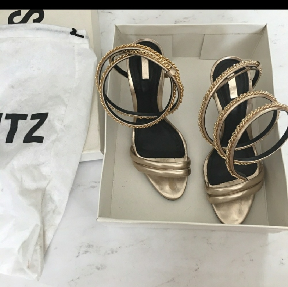 SCHUTZ GOLD ANKLE STRAP HEELS